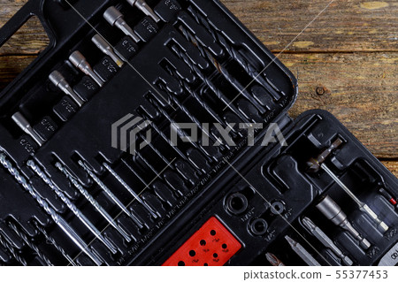 Toolset square black tool box on wooden texture 55377453