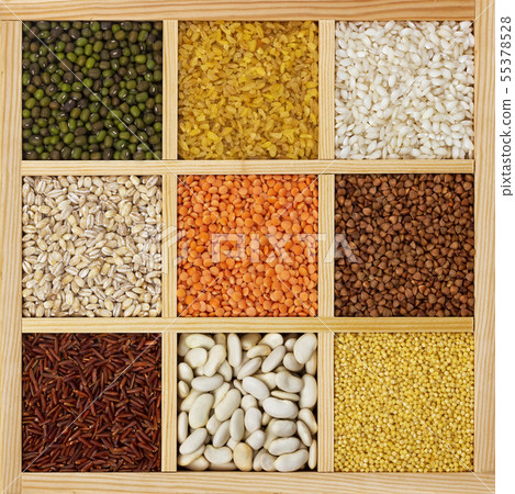 Groats in square wooden box, collection of cereals, beans and seeds, top view Groats in square wooden box, collection of cereals, beans and seeds, top view 55378528