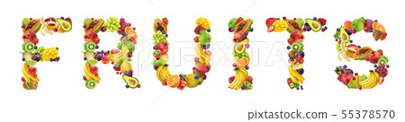 Word FRUITS made of different fruits and berries 55378570
