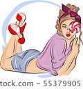 Fast fashion sketch of girl in pink colore with lollipop 55379905