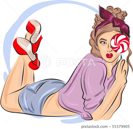 Fast fashion sketch of girl in pink colore with lollipop 55379905