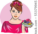Fast fashion sketch of girl in pink colore with donuts 55379945