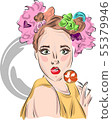 Fast fashion sketch of girl in pink colore with donuts 55379946