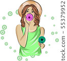 Fast fashion sketch of girl in green colore with donuts 55379952