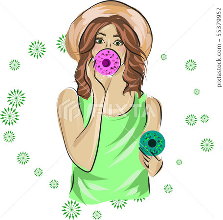 Fast fashion sketch of girl in green colore with donuts 55379952