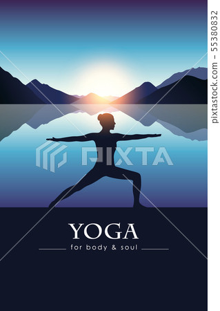 yoga for body and soul meditating girl silhouette by the lake with blue mountain landscape 55380832