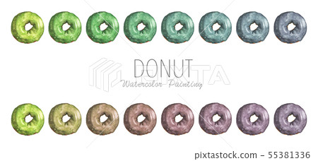 Set of colorful donuts glazed. Watercolor. Set of colorful donuts glazed. Watercolor. 55381336