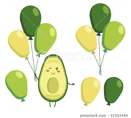 Set of vector elements isolated on white. Smiling avocado with balloons in kawaii style. Cartoon 55381484