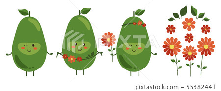 Vector illustration. Set of cartoon smiling avocado heroes with bright red flowers isolated on white Vector illustration. Set of cartoon smiling avocado heroes with bright red flowers isolated on white 55382441