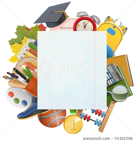 Vector Exercise Book Sheet with School Accessories 55382506