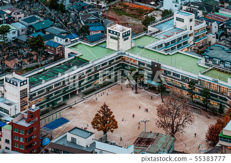 Aerial view school buildings in residential area Aerial view school buildings in residential area 55383777