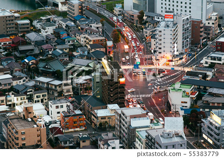 Twilight aerial view traffic and buildings of 55383779