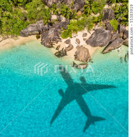 Travel concept with airplane shadow and beach 55383919