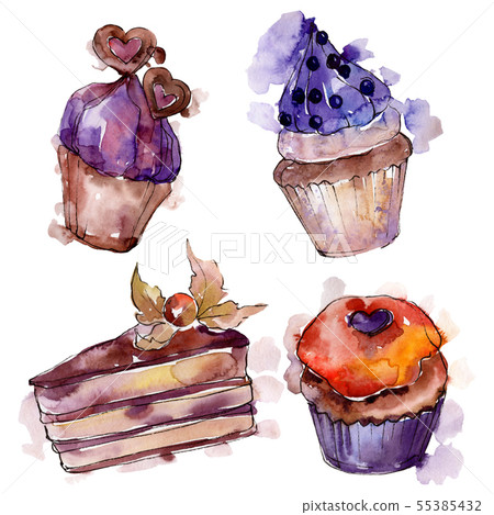 Tasty cupcake and dessert. Background illustration set. Watercolour drawing fashion aquarelle Tasty cupcake and dessert. Background illustration set. Watercolour drawing fashion aquarelle 55385432