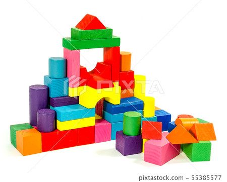 Pyramid of colored wooden blocks isolated on white background 55385577