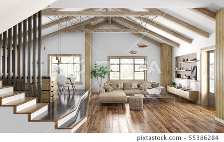 Modern interior design of house, kitchen, living 55386284