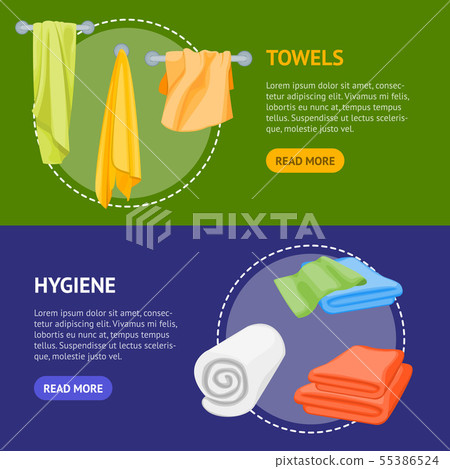 Cartoon Color Folded Towels Banner Horizontal Set for Bathroom. Vector Cartoon Color Folded Towels Banner Horizontal Set for Bathroom. Vector 55386524