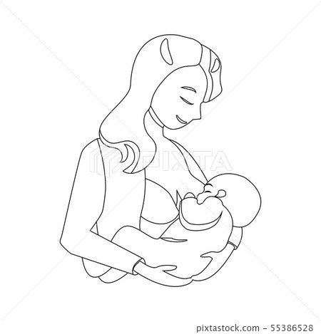 Black Thin Line Breastfeeding Concept Mother and Newborn Baby. Vector 55386528