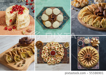 Collage from different pictures of Arabian pancake 55386901