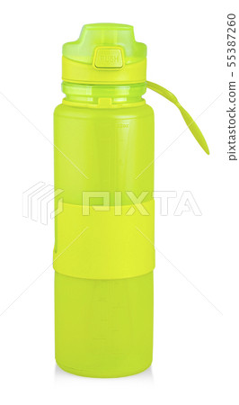 The green plastic sports water bottle with water The green plastic sports water bottle with water 55387260