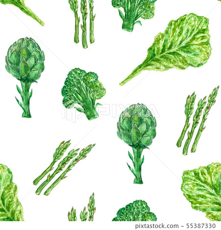 Watercolor seamless pattern with broccoli, 55387330