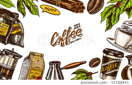 Coffee beans background in vintage style. Hand drawn engraved poster, retro doodle sketch. Cup and 55388941