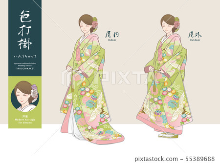 矢量插圖集的婦女在顏色匹配的圖（西方頭髮）（基於黃綠色的和服） 55389688