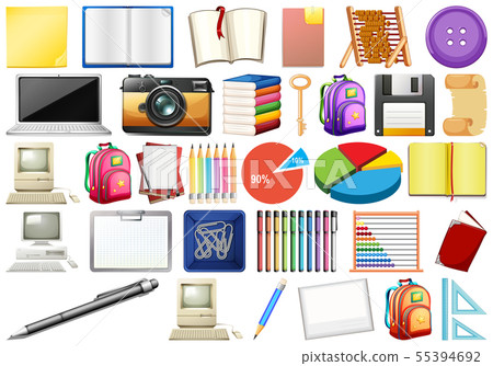 Office eqipment with books, computers, stationary 55394692