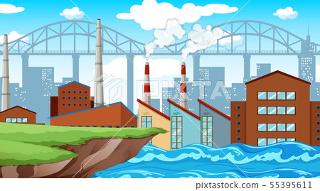 Factory on river background Factory on river background 55395611