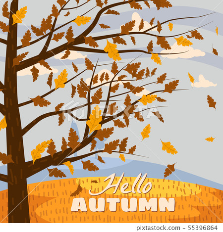 Autumn landscape, Hello autumn fall tree with falling yellow brown red leaves romantic view 55396864