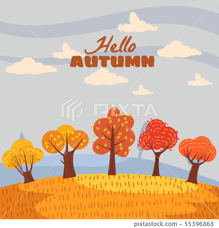 Hello Autumn landscape trees forest in trend style flat cartoon panorama horizon. Illustration 55396868