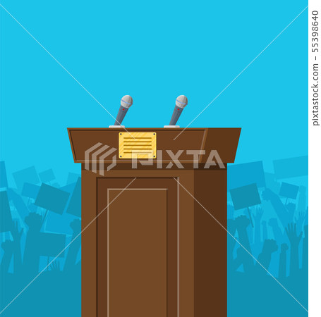 Brown wooden rostrum with microphones 55398640