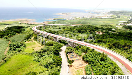 Drone image of Teda Bridge and Tsumugi Bridge on Kumejima 55398828