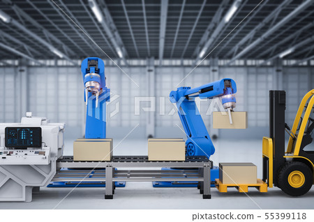 robot arms working with cardboard boxes and 55399118