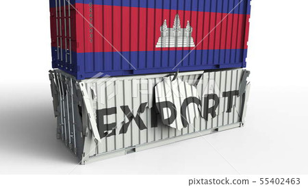 Cargo container with flag of Cambodia breaks container with EXPORT text. Conceptual 3D rendering Cargo container with flag of Cambodia breaks container with EXPORT text. Conceptual 3D rendering 55402463
