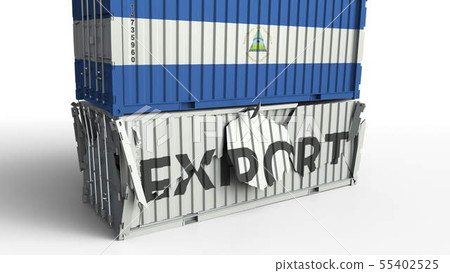 Container with flag of Nicaragua breaks container with EXPORT text. Conceptual 3D rendering 55402525