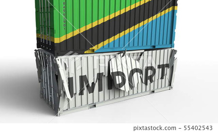 Cargo container with flag of Tanzania breaks container with IMPORT text. Conceptual 3D rendering Cargo container with flag of Tanzania breaks container with IMPORT text. Conceptual 3D rendering 55402543