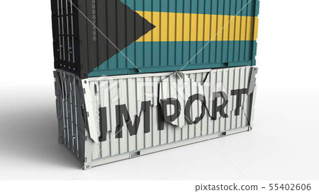 Cargo container with flag of Bahamas breaks container with IMPORT text. Conceptual 3D rendering 55402606