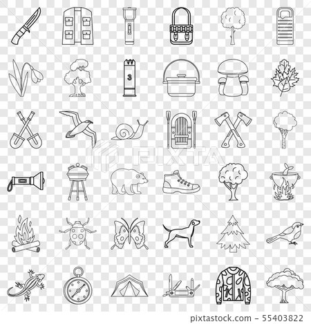 Hiking icons set, outline style Hiking icons set, outline style 55403822