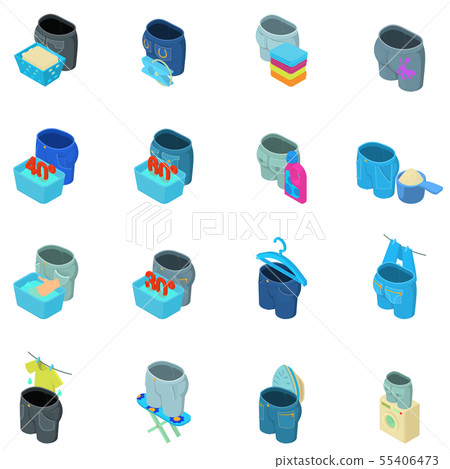 Washing jeans icons set, isometric style 55406473