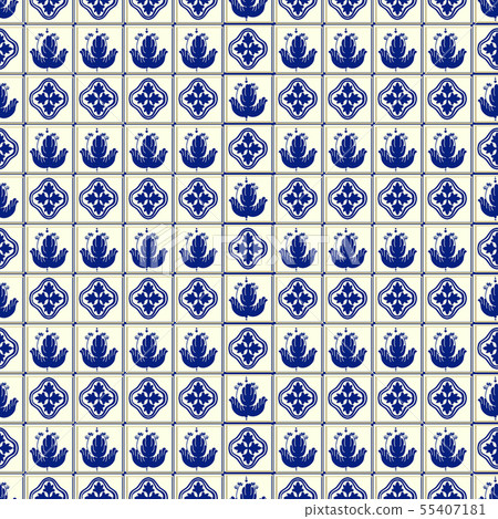 Vector tile pattern, Lisbon floral mosaic, Mediterranean seamless navy blue ornament 55407181