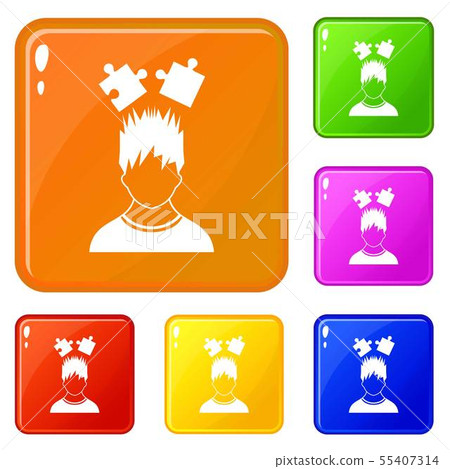 Man with puzzles over head icons set vector color 55407314