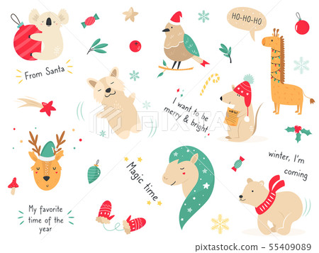 Christmas holiday set with hand drawn animals. 55409089