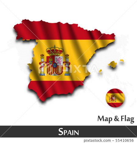 Spain map and flag . Waving textile design . Dot 55410656