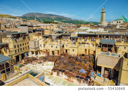 Fes, Morocco. Old town panorama,tanneries and tanks with color paint for leather Fes, Morocco. Old town panorama,tanneries and tanks with color paint for leather 55410848