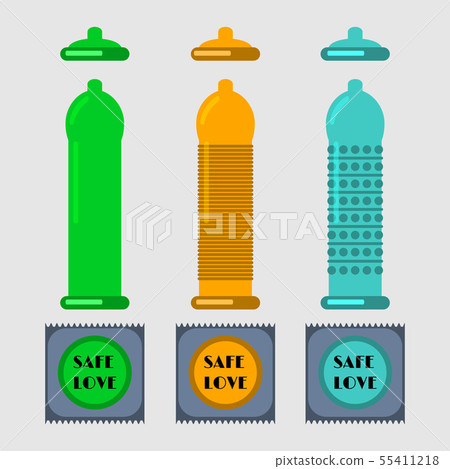 Condoms and packages on white background. Set of 55411218