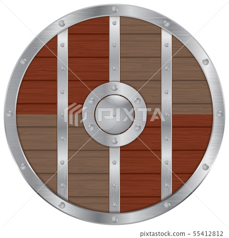 Round wooden shield with metal elements 55412812