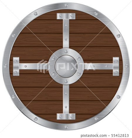 Round wooden shield with metal elements 55412813