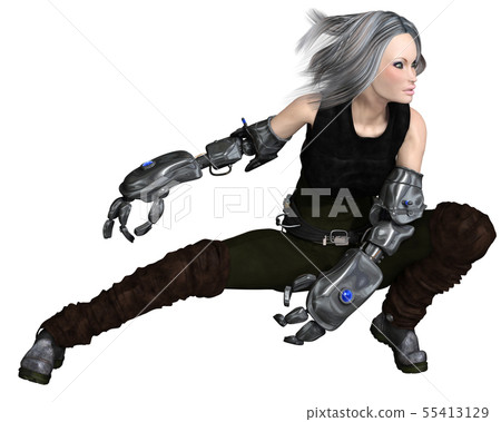 Female Cyber Soldier Crouching in Attacking Pose 55413129