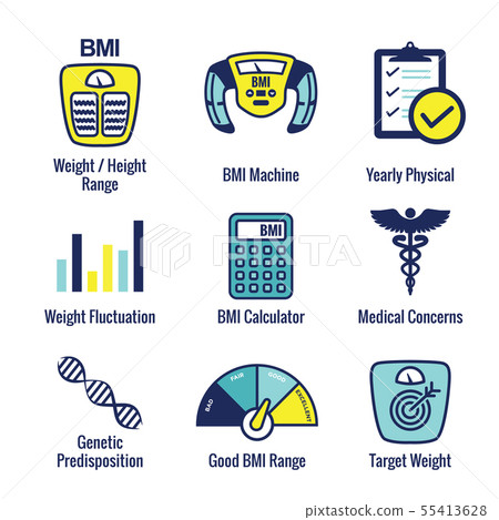 Bmi Body Mass Index Icons W Scale Indicator Stock Illustration 55413628 Pixta
